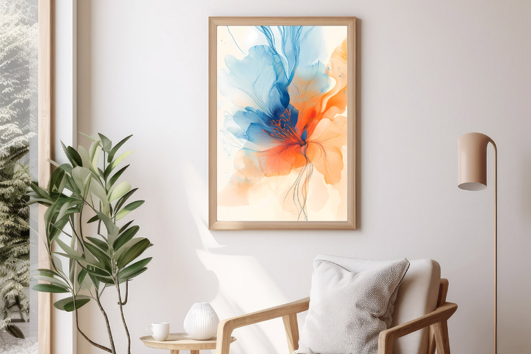 Displaying vibrant paintings of blooming flowers and fluid designs has been shown to uplift mood and promote creative energy.